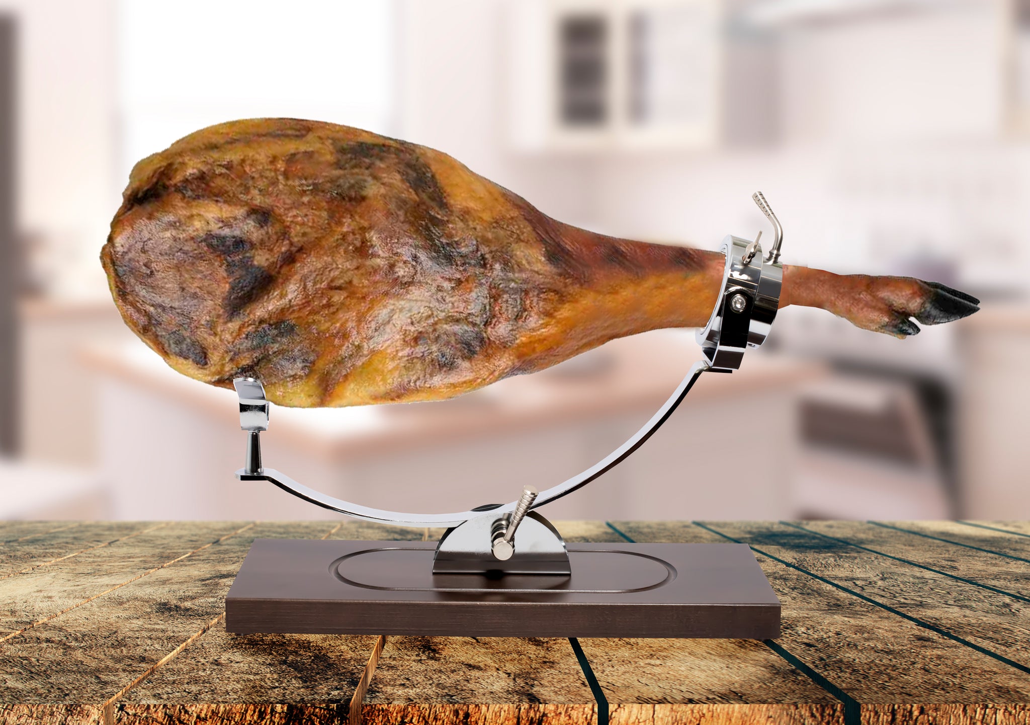 Ilustración imagen jamón en soporte jamonero Profesional, basculante giratorio en acero inoxidable