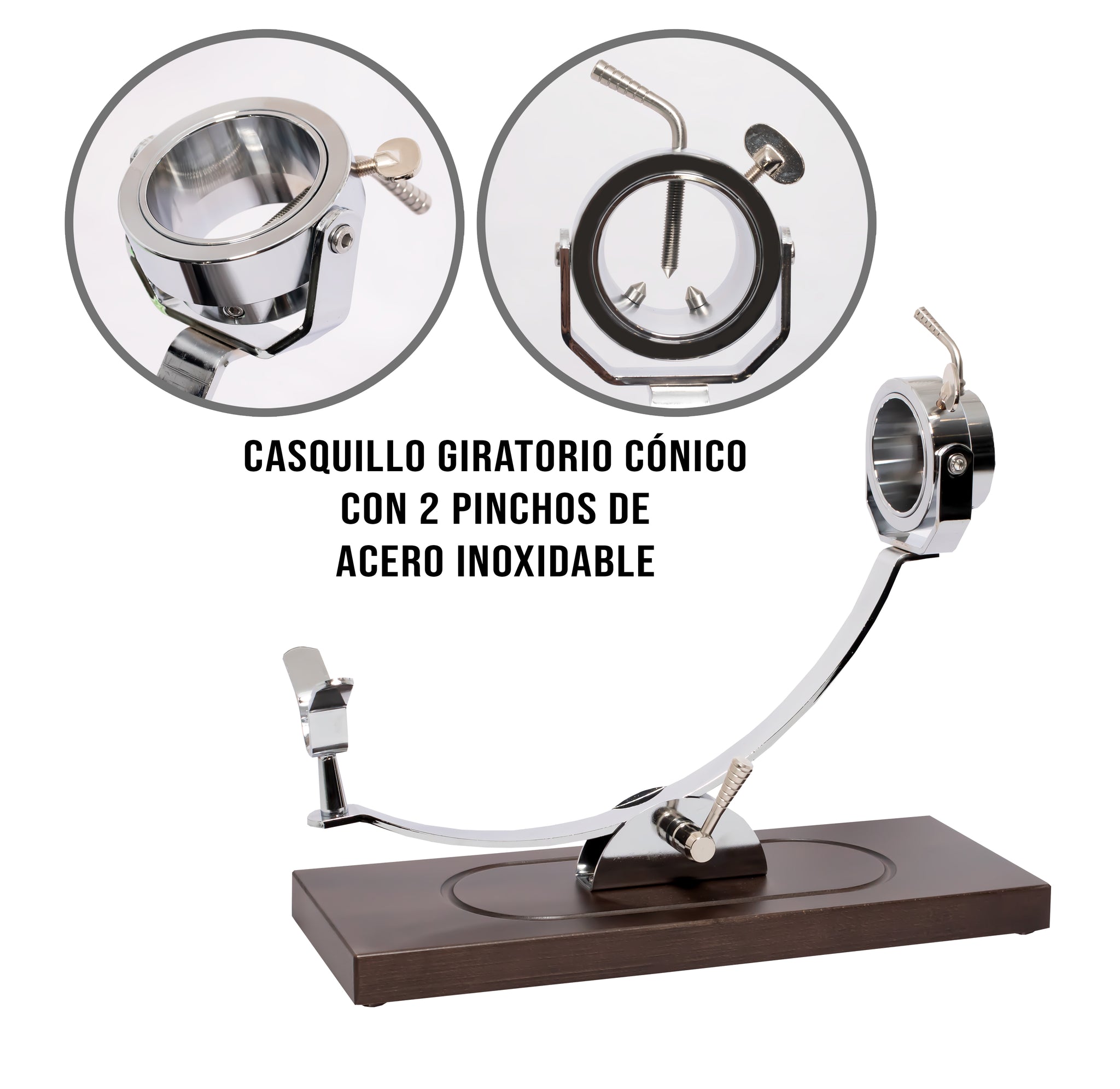 Soporte jamonero modelo Córdoba Profesional, casquillos giratorios cónico con 2 pinchos de acero inoxidable