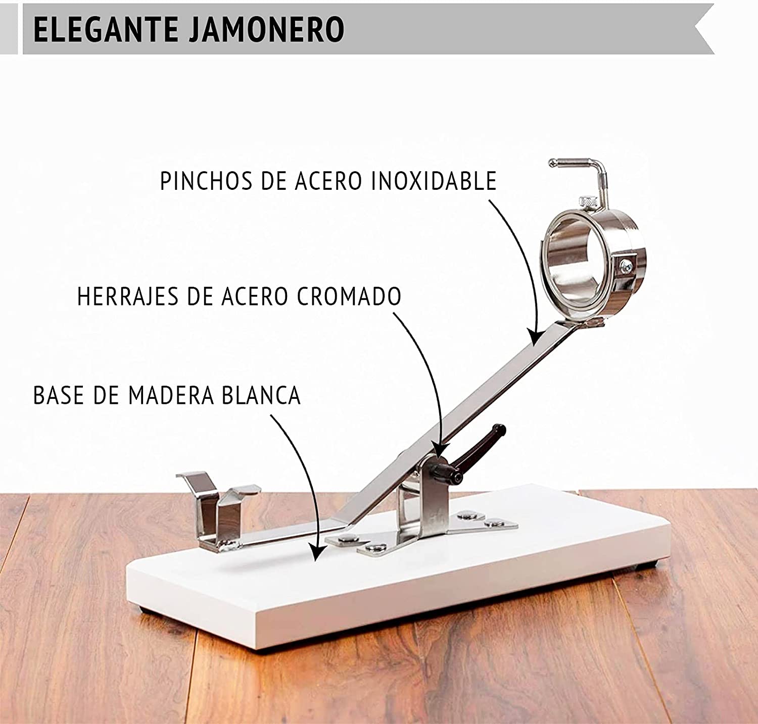 Jamonero basculante giratorio base madera color Blanco. soporte jamonero ideal uso doméstico y profesional (Blanco)