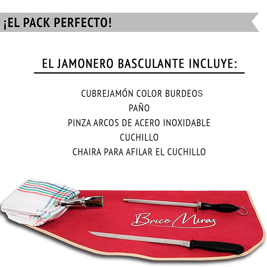 Pack incluye jamonero basculante con chaira, pinzas,c uchillo y cubrejamon