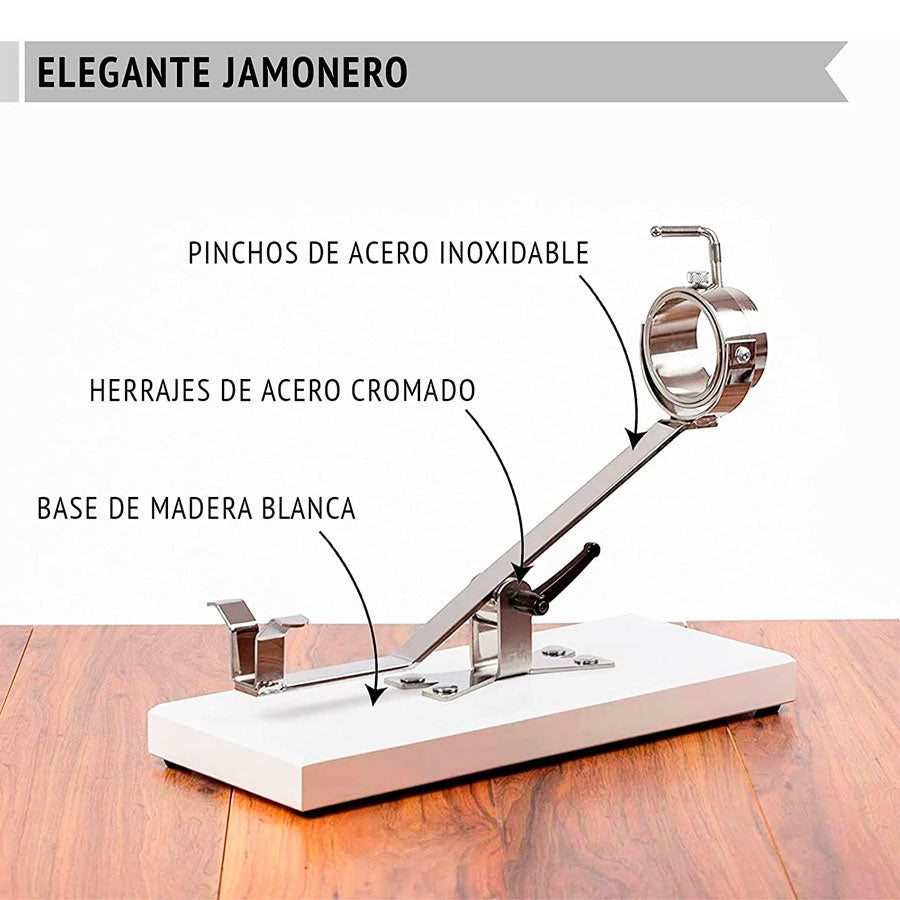Detalle de la base de madera del jamonero profesional Pata Negra A9 de color blanco, resistente y estable para cortes precisos.