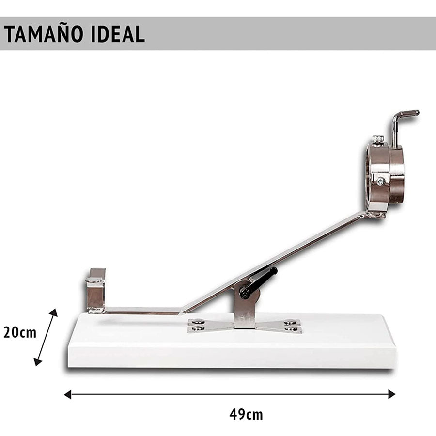 Tamaño y sistema de sujeción del jamonero Pata Negra A9 que asegura firmeza durante el corte del jamón.