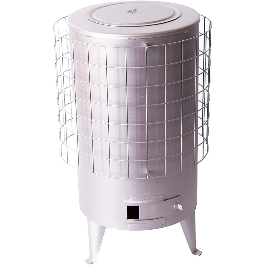 Estufa de leña redonda grande Bricomiras, color gris vitrificado, ideal para calentar un patio o casa de campo de 70 metros cuadrados.