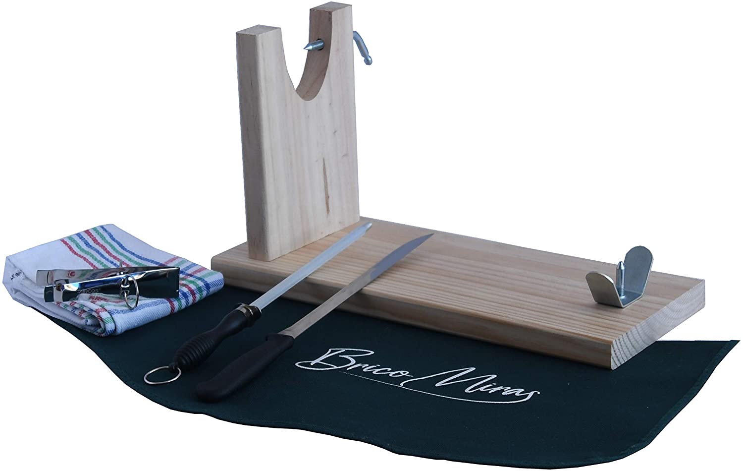 Jamonero Barato Banquetas de madera color Natural con cubre jamon, paño, pinzas, chaira y cuchillo jamonero