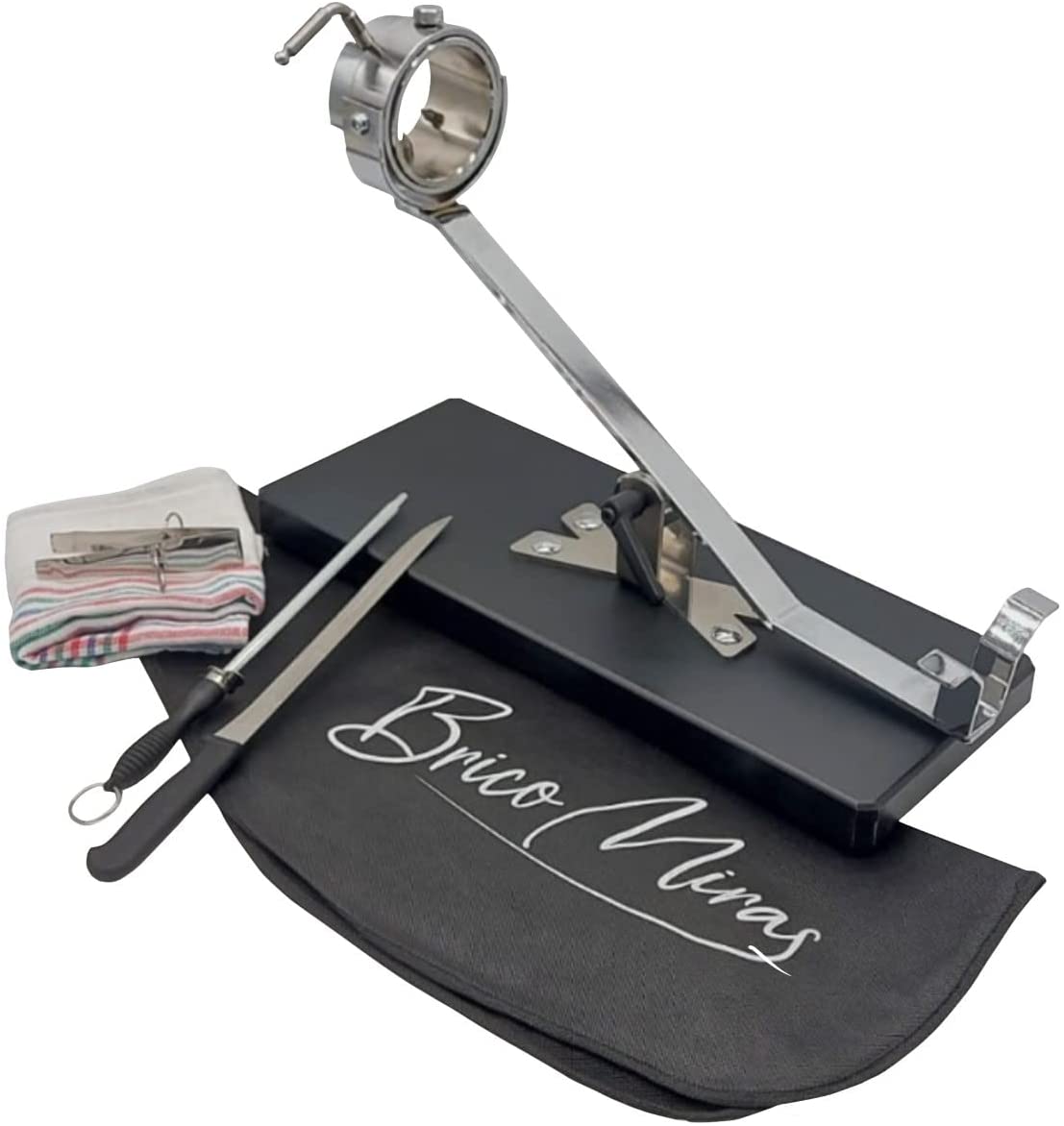 Jamonero profesional bricomiras pata negra con base color negro y cuchillo, cubre jamón, pinzas, chaira y trapo