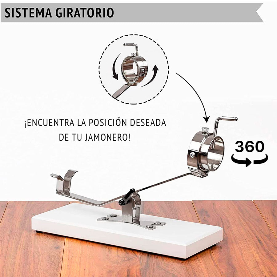Jamonero Pata Negra A9 color blanco giratorio 360 grados, colocado en cocina moderna de madera, ideal para uso doméstico y profesional.