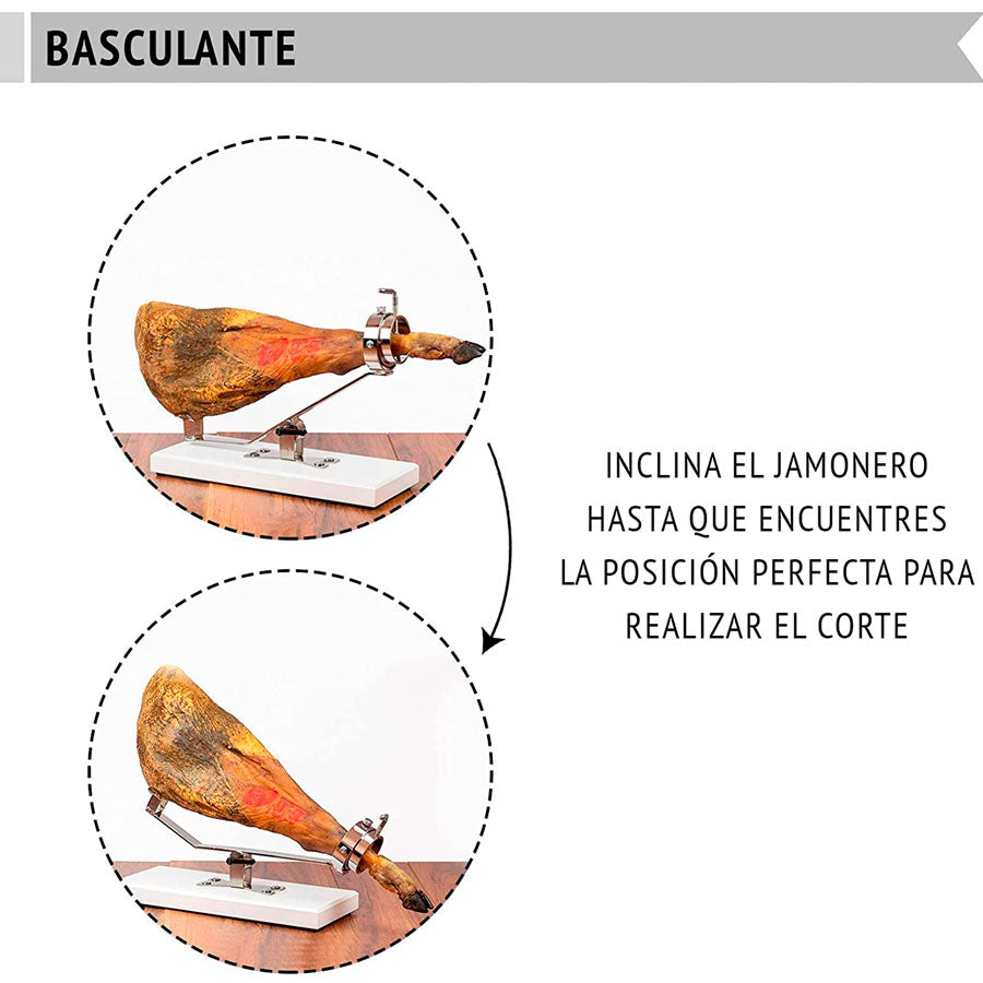 Jamonero basculante Pata Negra A9 color blanco fácil de montar, con piezas de acero inoxidable y diseño ergonómico.
