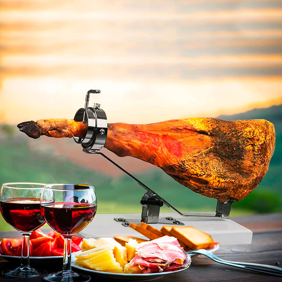 ilustración de jamón en soporte jamonero profesional